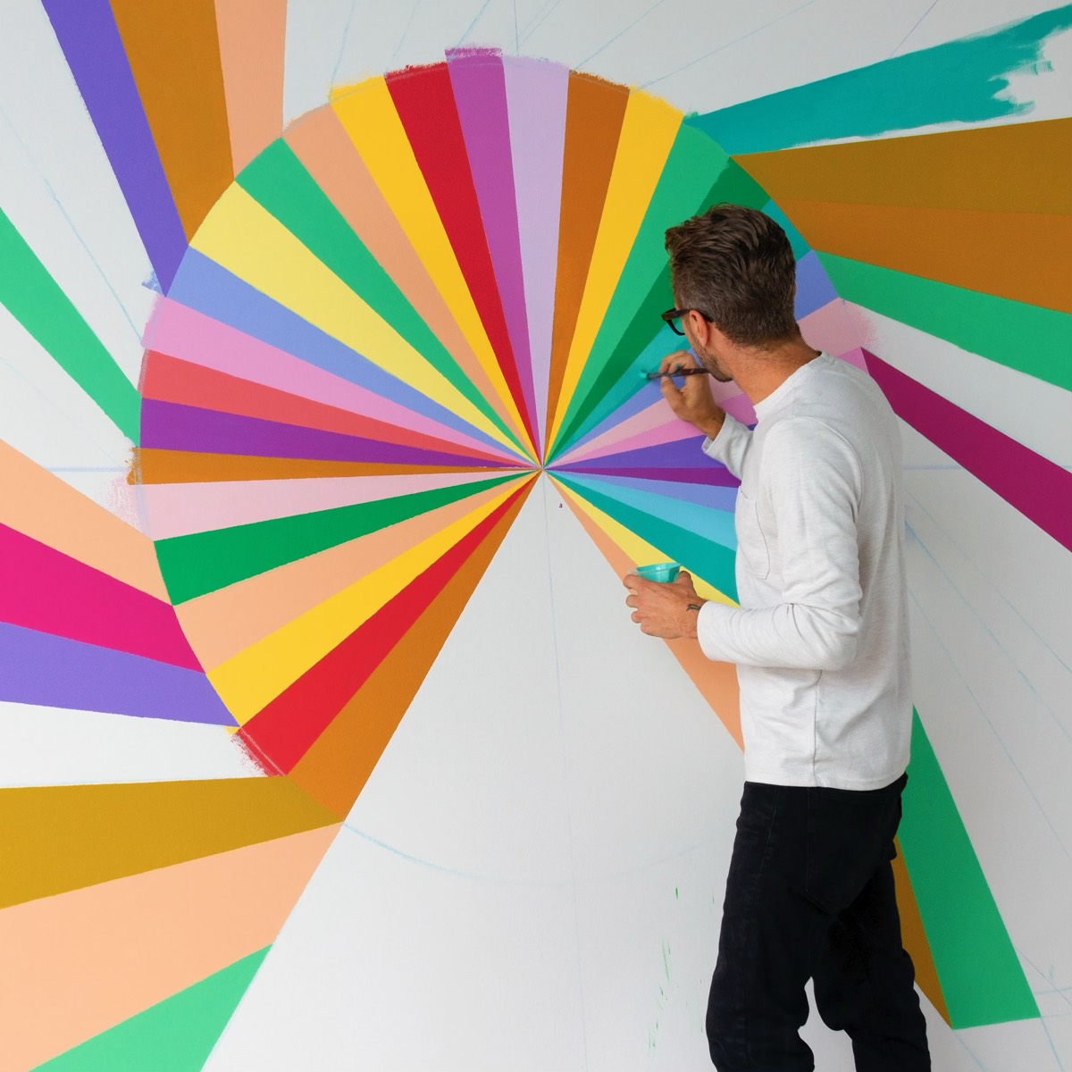 Mark Warren Jacques painting a radiating color-wheel mural