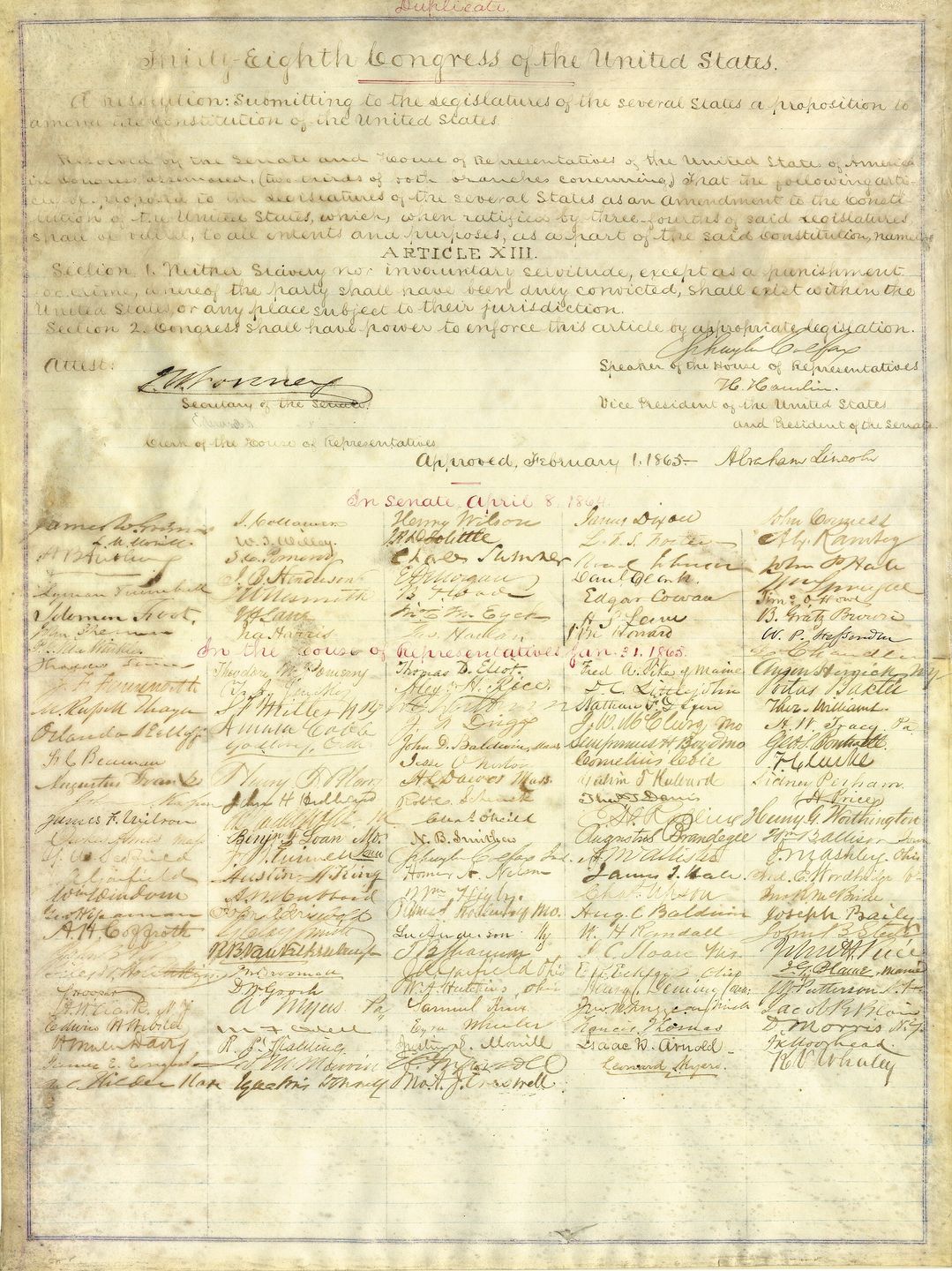 A signed copy of the Thirteenth Amendment