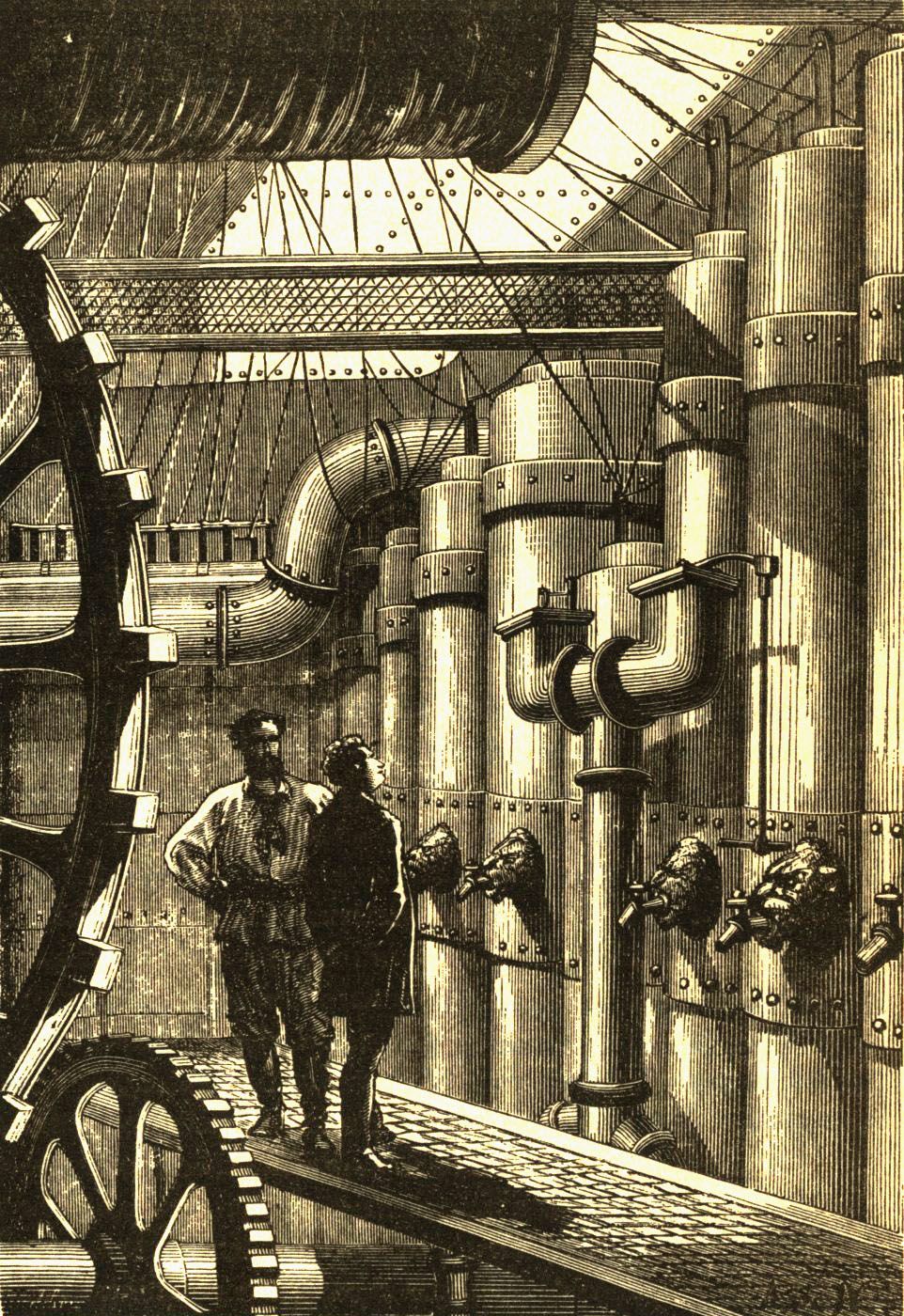 Illustration of the engine room of the submarine Nautilus from Twenty Thousand Leagues Under the Sea