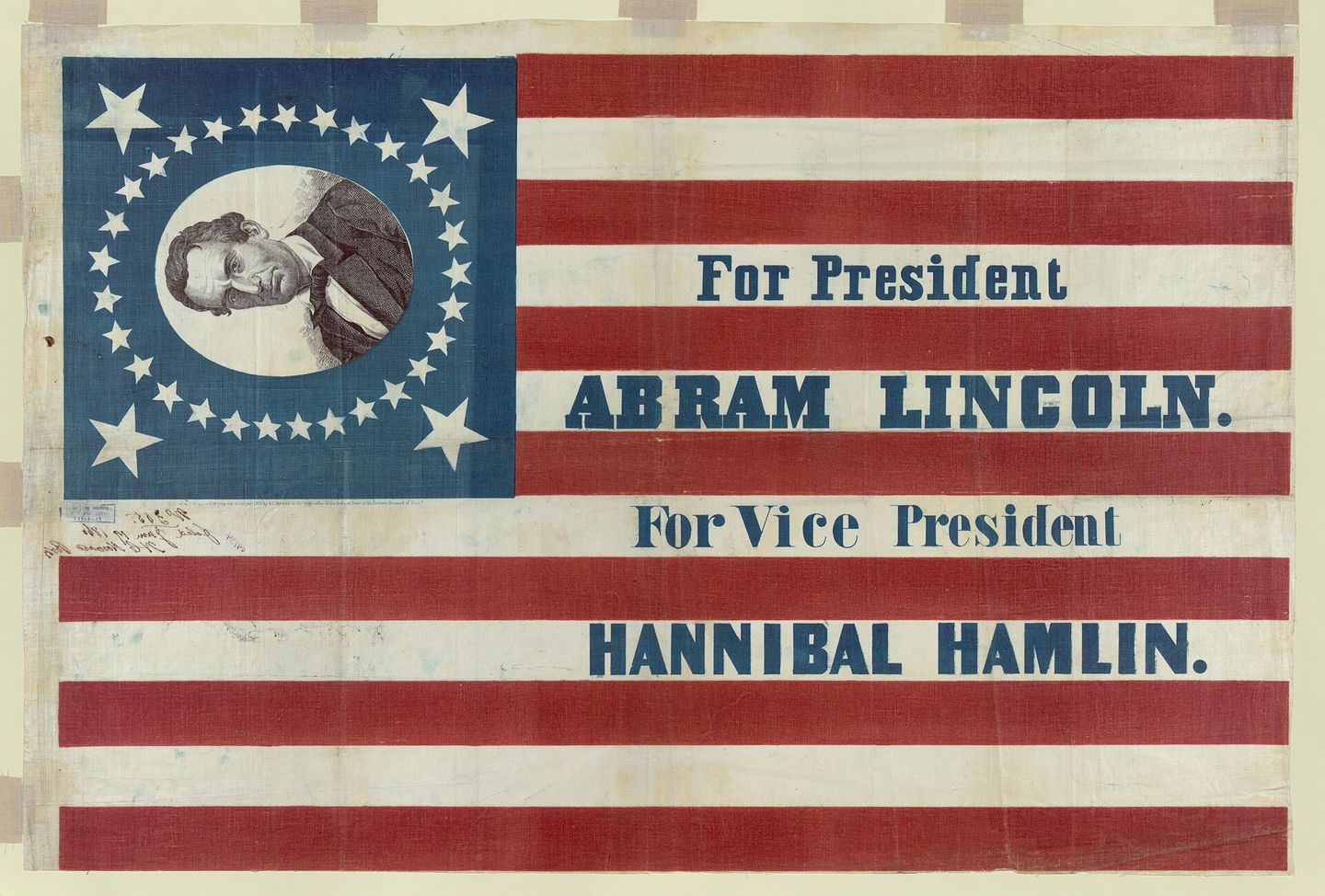 1860 campaign banner for Lincoln and Hamlin