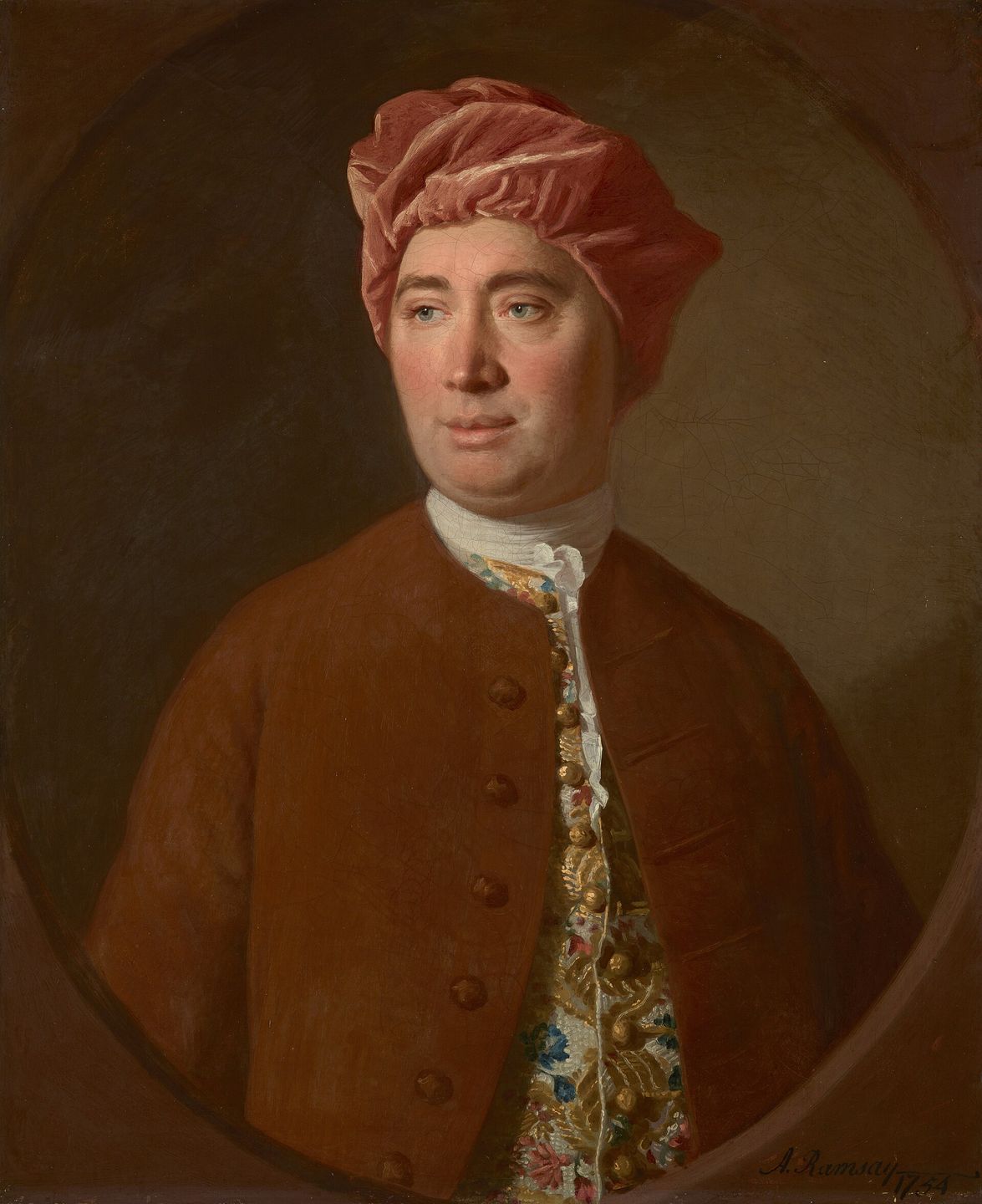 portrait of david hume painted by allan ramsay, showing the philosopher in a red coat, from the national galleries of scotland