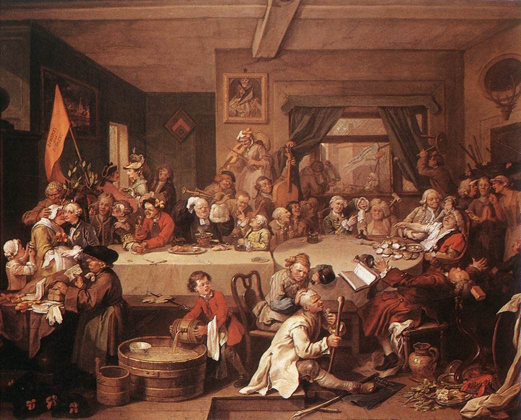 William Hogarth's An Election Entertainment, featuring a stolen banner reading Give us our Eleven Days