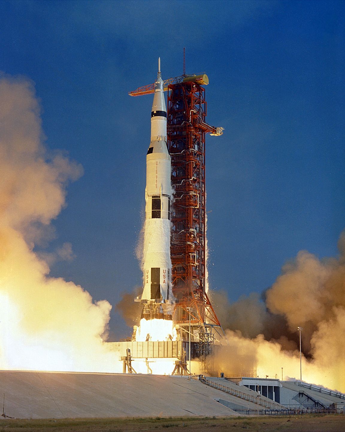 Saturn V rocket lifting off carrying Apollo 11 on July 16, 1969