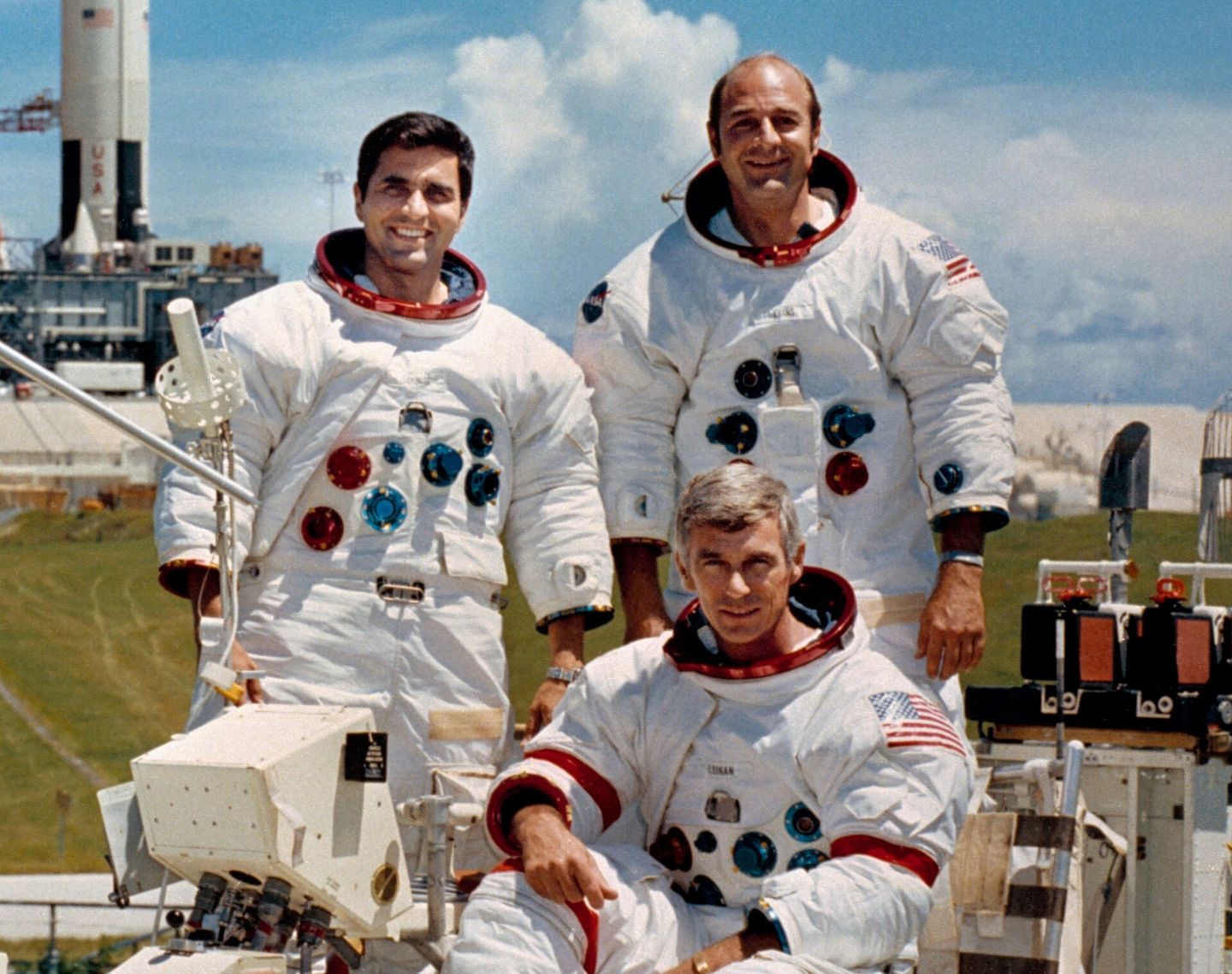 the apollo 17 crew: commander eugene cernan, command module pilot ronald evans, and lunar module pilot harrison schmitt