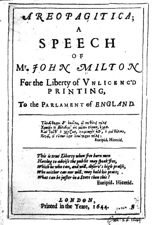 Title page of Areopagitica by John Milton, 1644