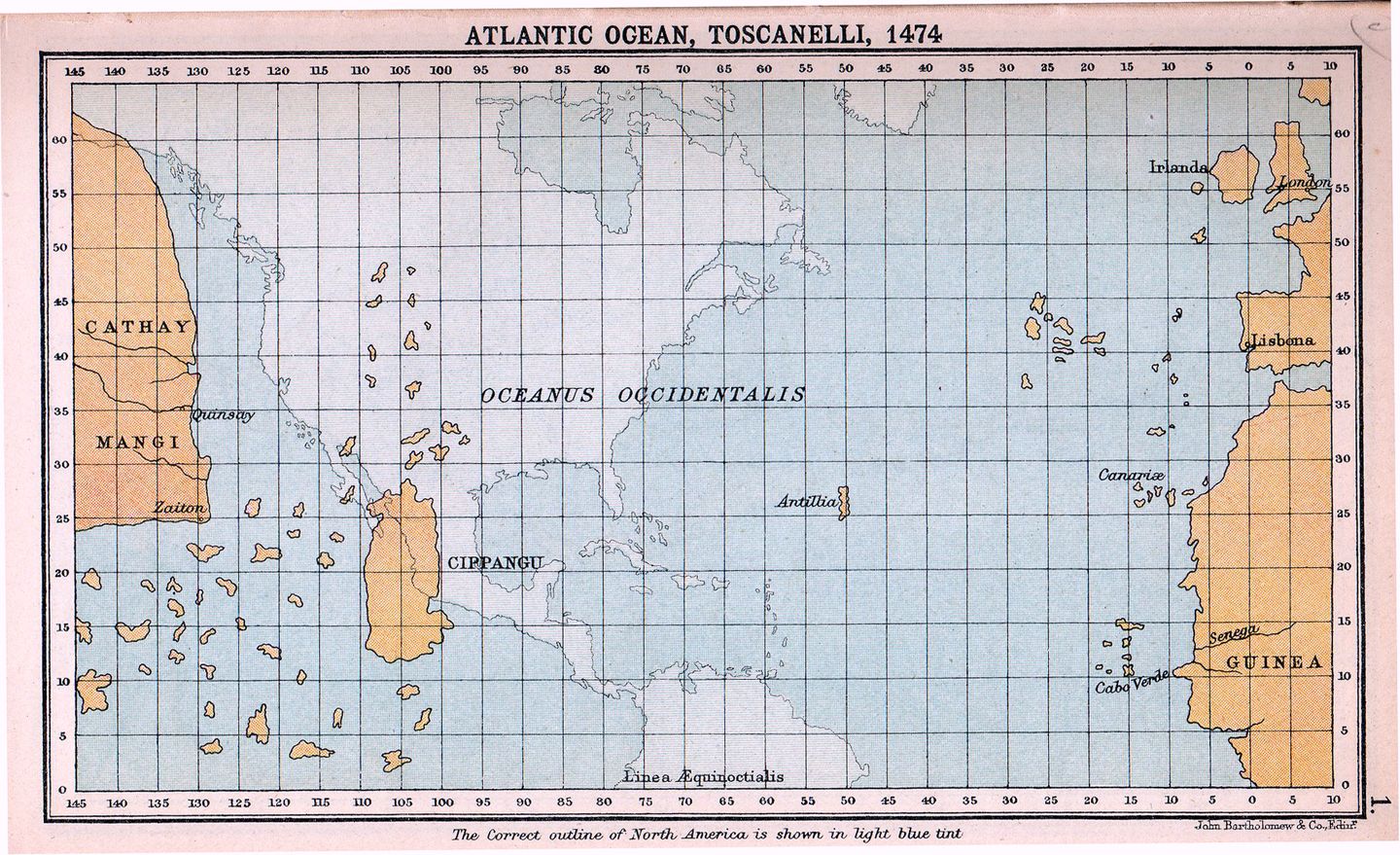 Toscanelli's 1474 map showing a narrow Atlantic between Europe and Asia