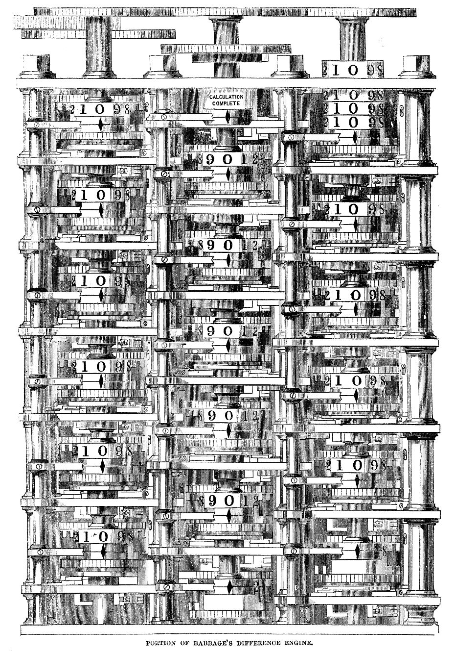 A period drawing of Babbage's Difference Engine