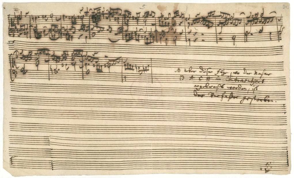 autograph manuscript page of bach's unfinished final fugue from the art of fugue