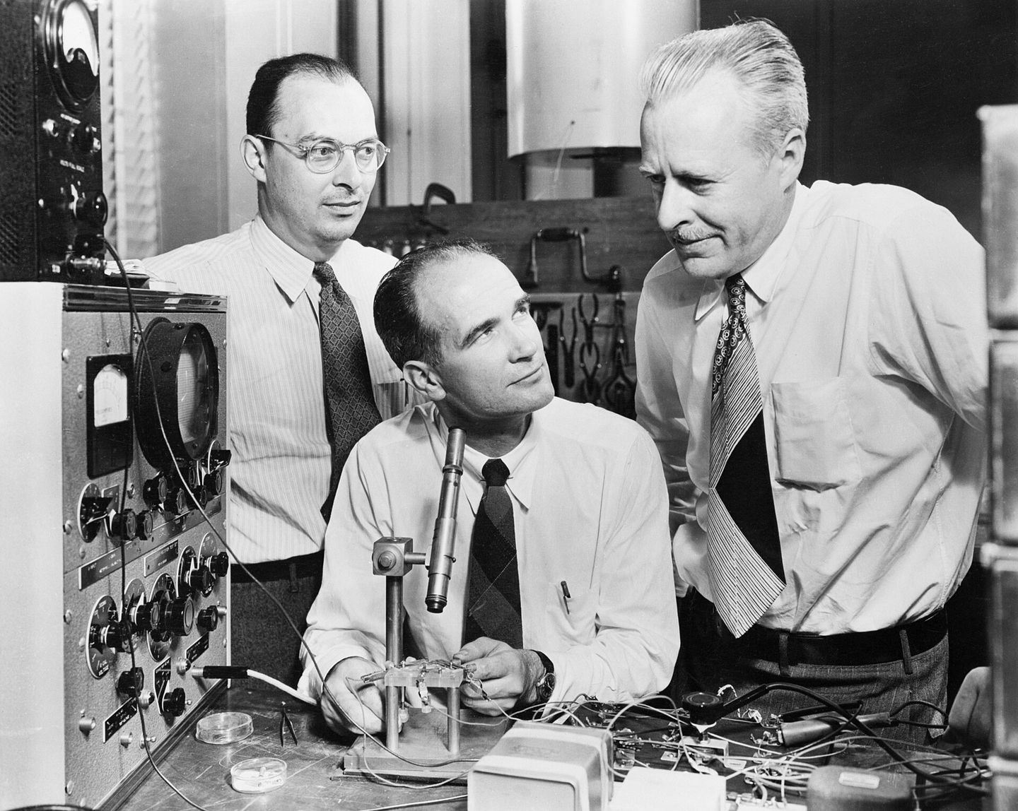 John Bardeen, William Shockley, and Walter Brattain at Bell Labs in 1948, inventors of the transistor
