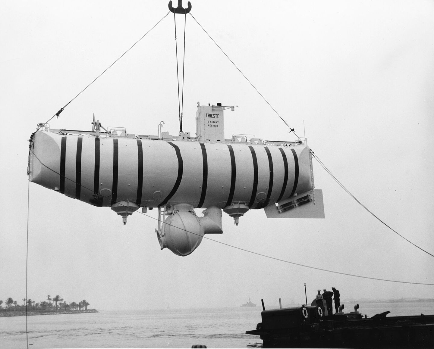 The bathyscaphe Trieste in the water