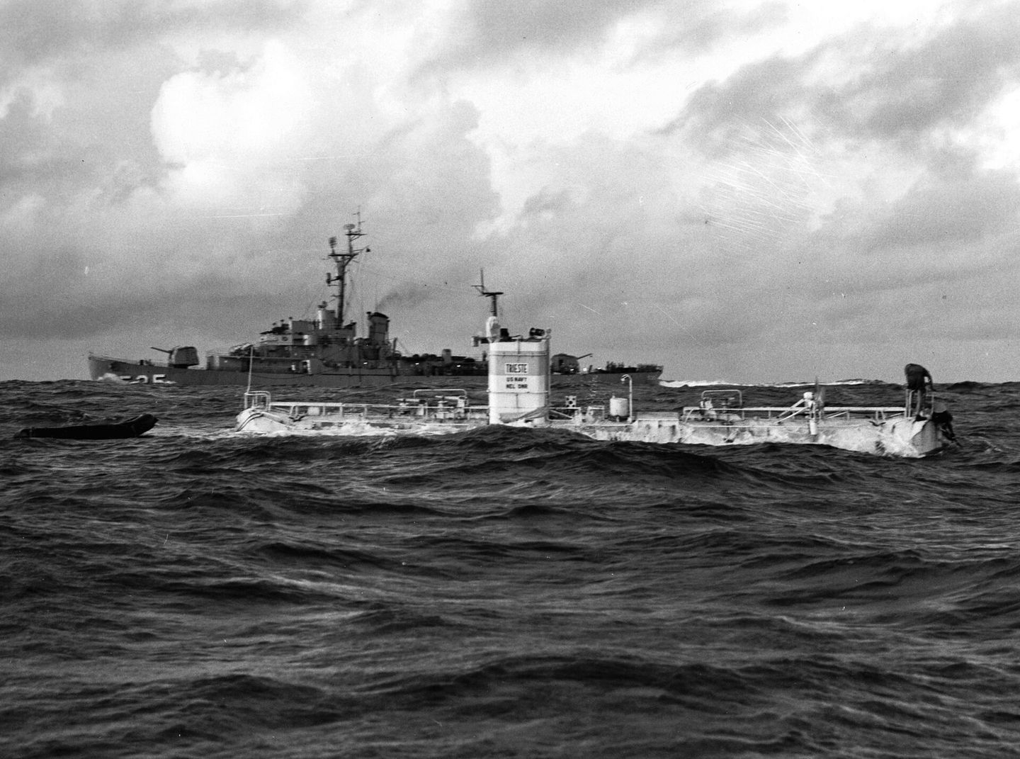 The Trieste over the Mariana Trench on the day of the dive