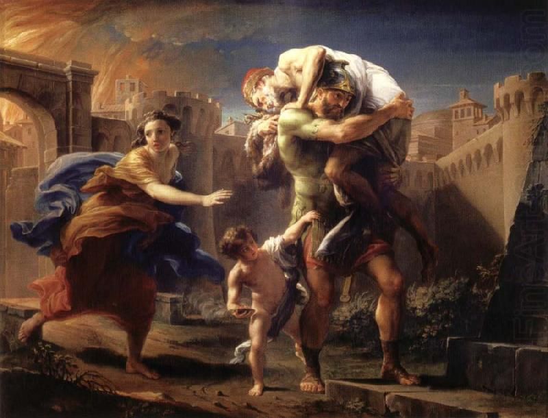 pompeo batoni's 1750 painting aeneas fleeing from troy, the mythological ancestor of romulus and rome