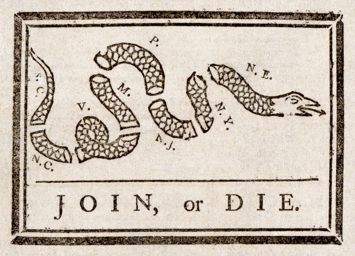 Join, or Die — Benjamin Franklin's political cartoon from 1754