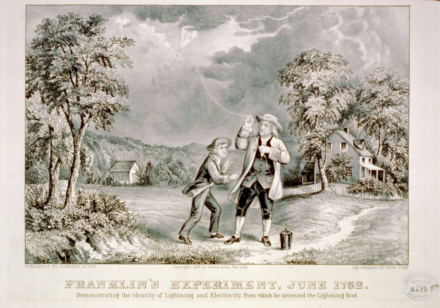 engraving depicting benjamin franklin's kite and lightning experiment of 1752