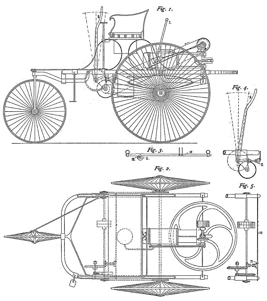 benz's 1886 patent drawing for a gas-powered vehicle