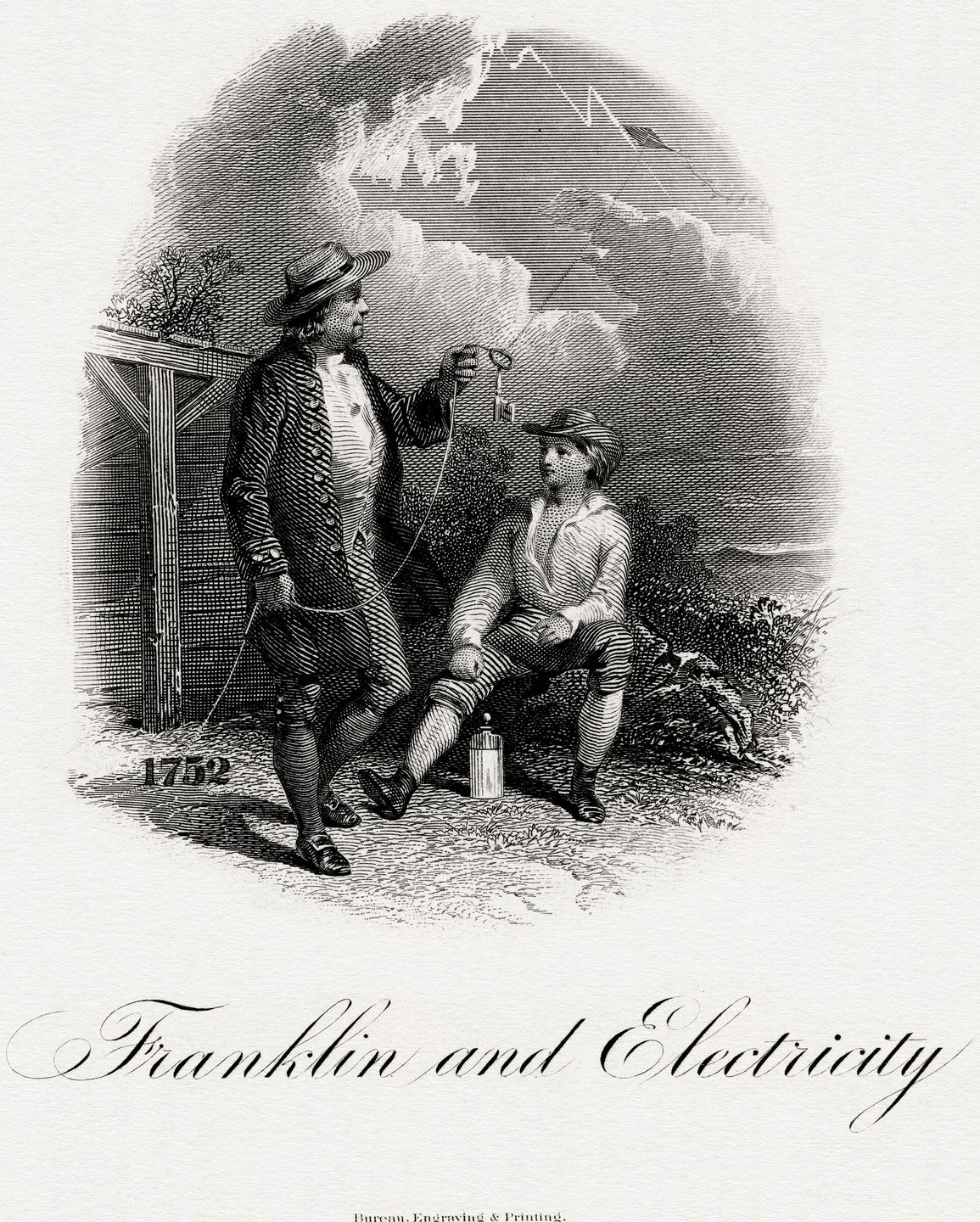 Engraving depicting Benjamin Franklin's kite experiment, demonstrating the electrical nature of lightning