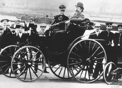 bertha and carl benz seated in a benz-viktoria automobile, 1894