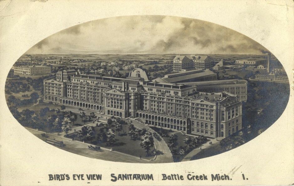 Bird's eye view illustration of the sprawling Battle Creek Sanitarium complex in Michigan around 1911