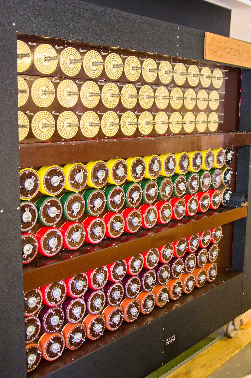A rebuilt Bombe machine at Bletchley Park, the electromechanical device Turing designed to break Enigma-encrypted messages