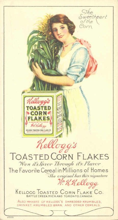 Vintage Kellogg's Corn Flakes advertisement blotter from the 1910s, showing how the accidental health food became a mass-marketed breakfast product