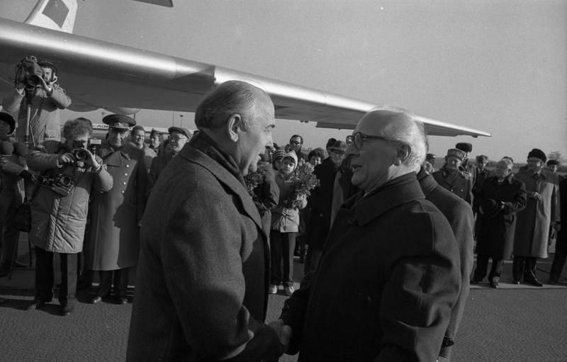 Mikhail Gorbachev and Erich Honecker during Gorbachev's visit to Berlin in 1987