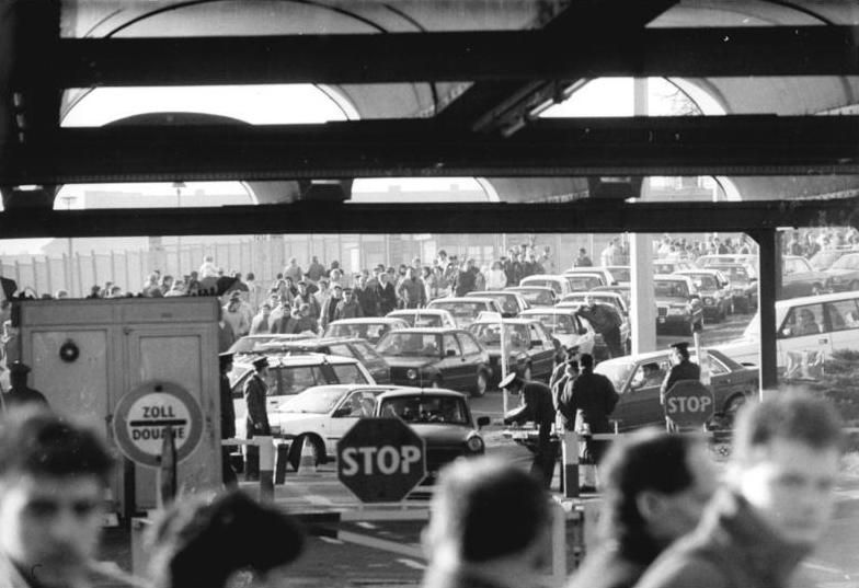 Crowds at the Bornholmer Strasse border crossing in Berlin shortly after the wall opened in November 1989