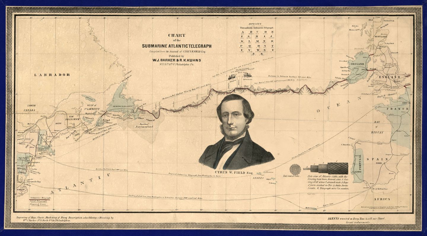 chart showing the route of the submarine atlantic telegraph cable across the ocean floor
