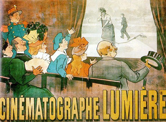 1896 advertising poster for the lumière cinématographe showing a crowd watching a projected film