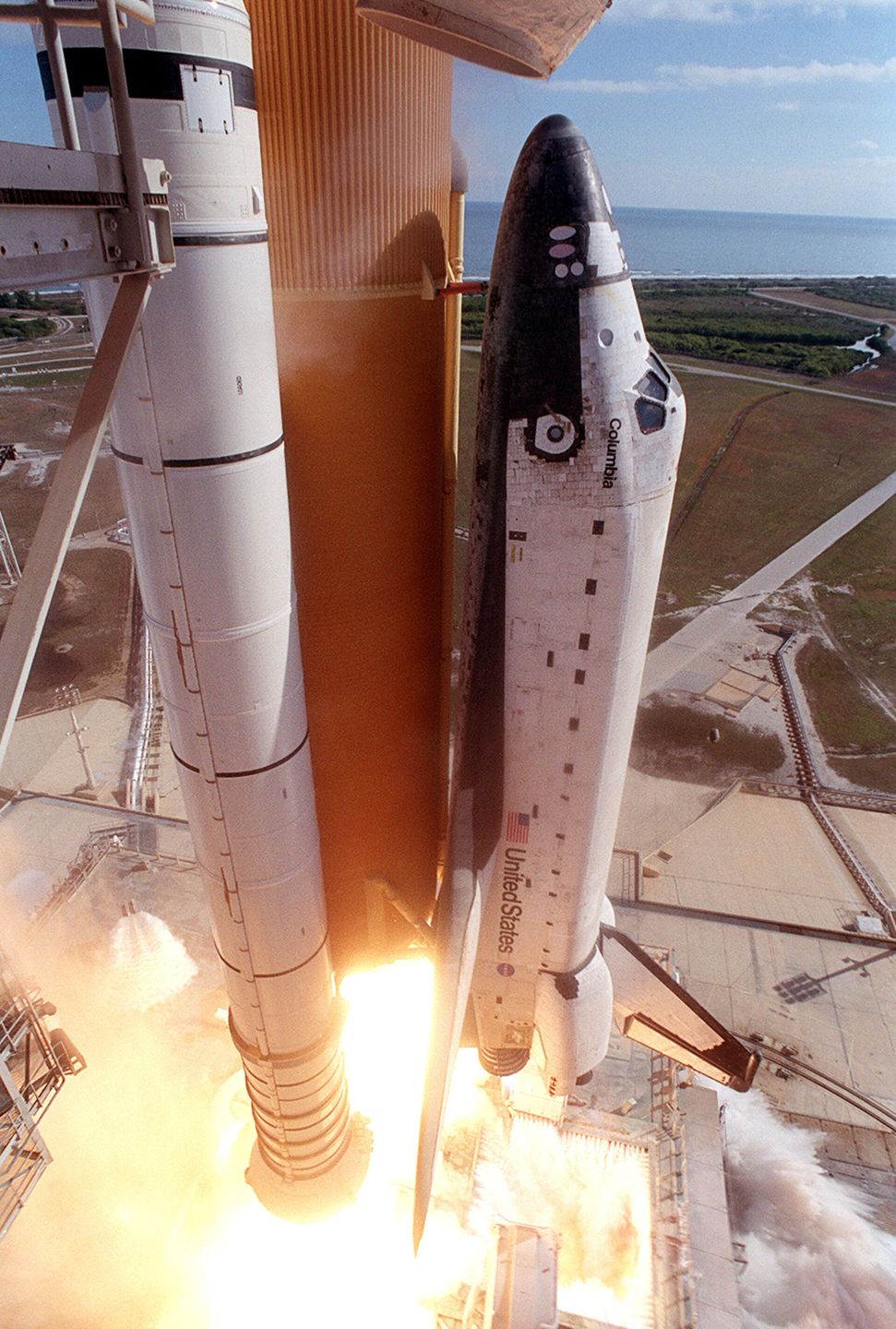 Close-up of the Space Shuttle Columbia lifting off at the start of mission STS-107