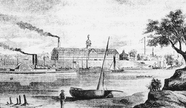 The Colt Armory in Hartford, Connecticut, depicted in 1857