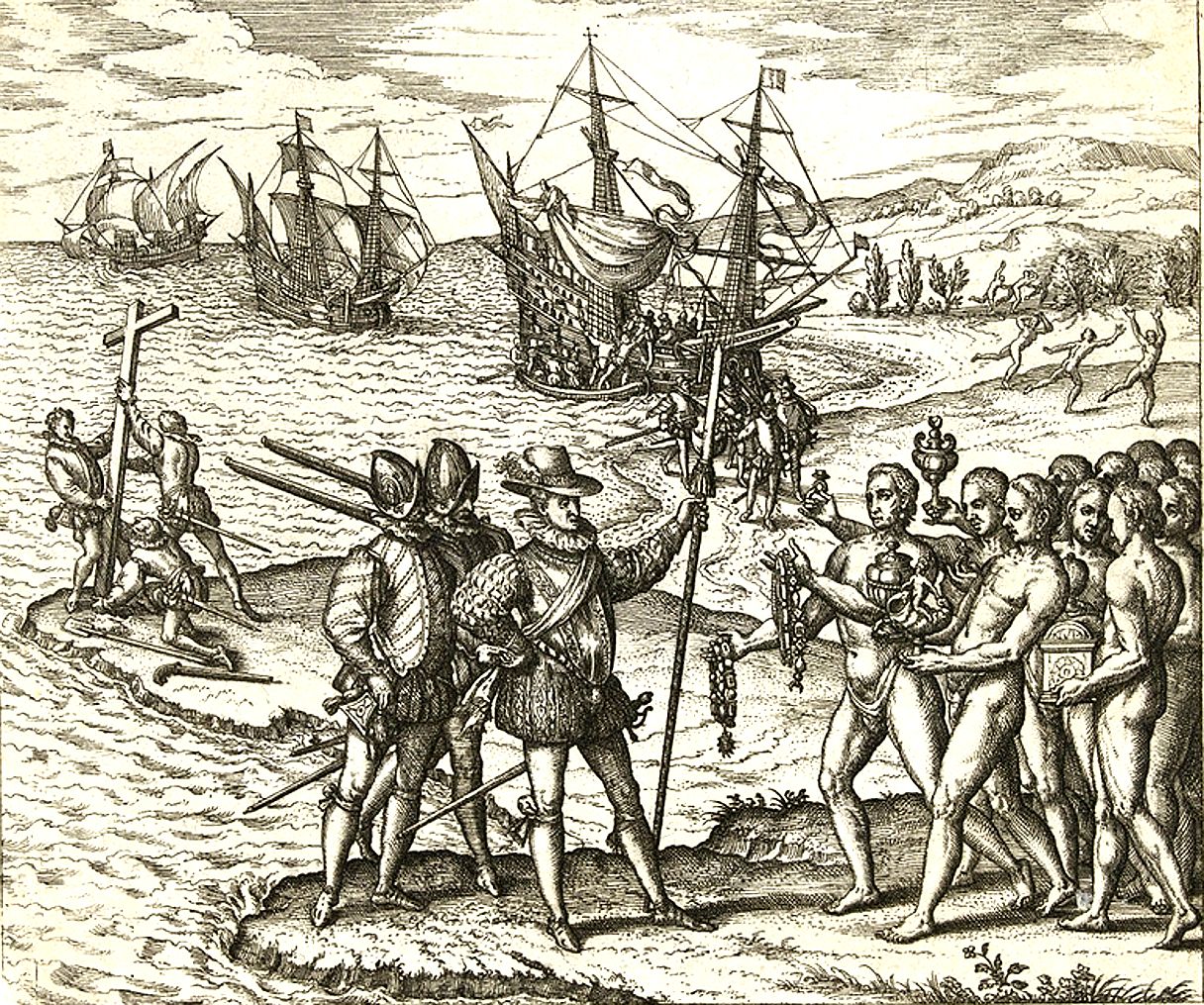 Columbus landing on Hispaniola, historical engraving