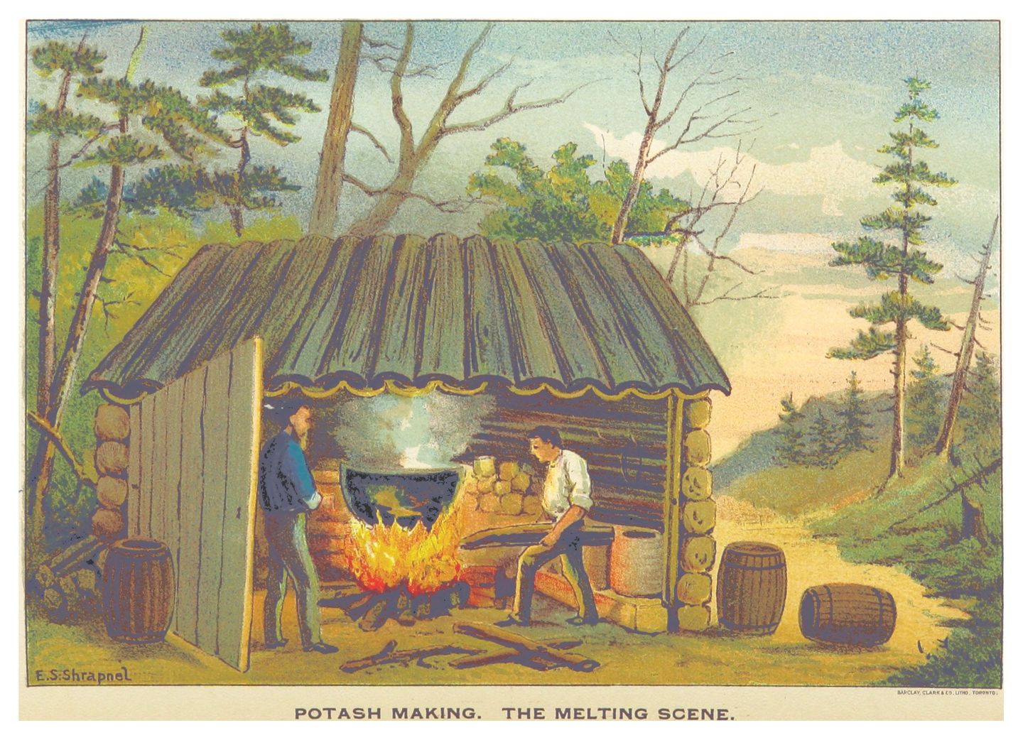 engraving of potash making, showing workers melting lye into potash over a furnace