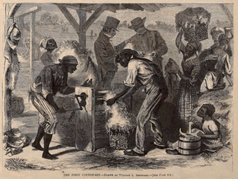 engraving of the cotton gin from harper's weekly, showing the machine that transformed cotton production