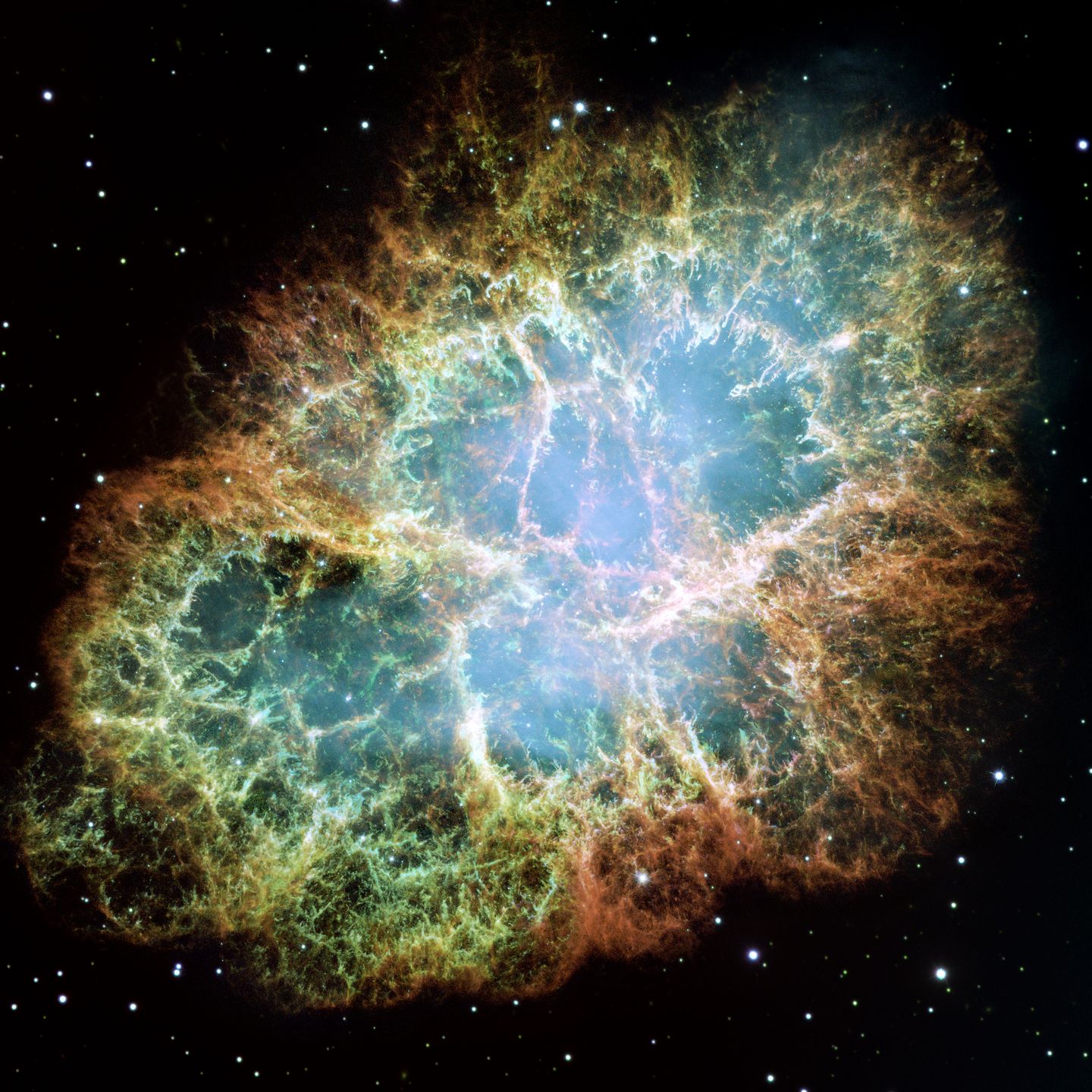 the crab nebula supernova remnant in taurus, hubble space telescope image