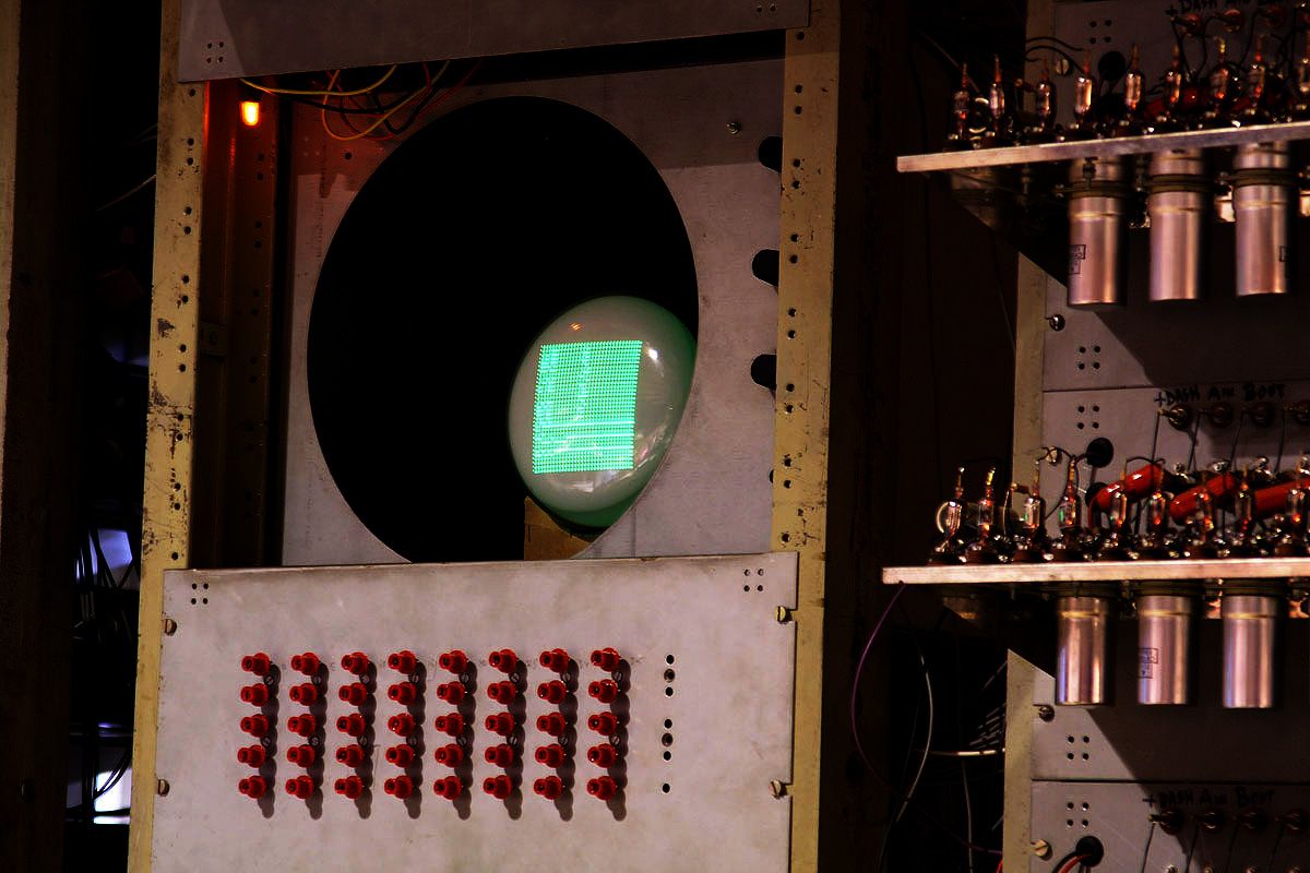 A cathode ray tube (Williams tube) used as memory storage in early computers like the Manchester Baby