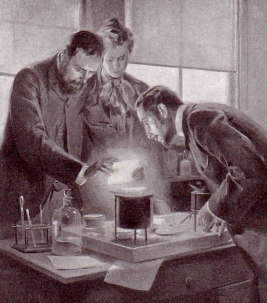 Illustration of Marie Curie working with glowing radium in her laboratory
