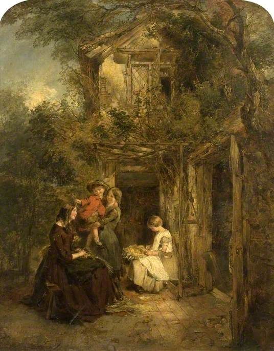 a 19th-century painting of villagers plaiting straw outdoors near st albans, the hand craft underlying the straw-hat trade