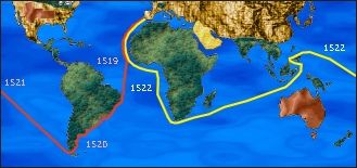 Map showing the westward route of the Victoria's first circumnavigation of the globe