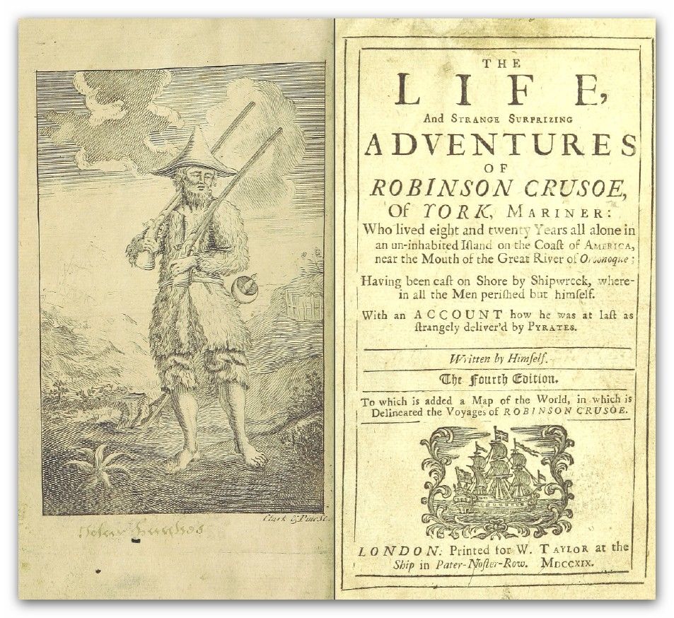 Title page of the first edition of Robinson Crusoe by Daniel Defoe, 1719