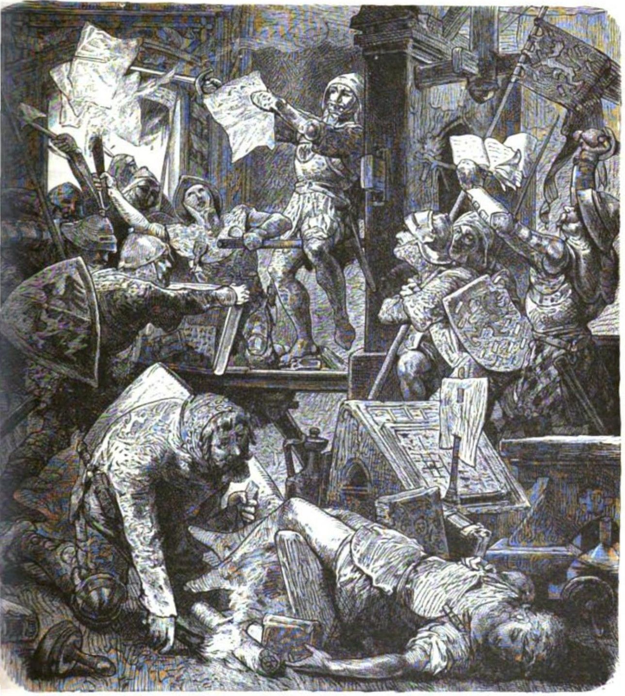 Soldiers attacking Mainz and destroying Peter Schöffer's printing workshop in 1462