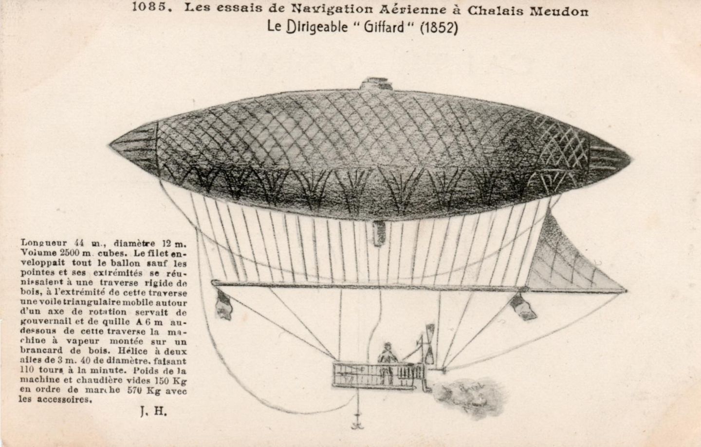 Illustration of Henri Giffard's 1852 hydrogen-powered dirigible airship