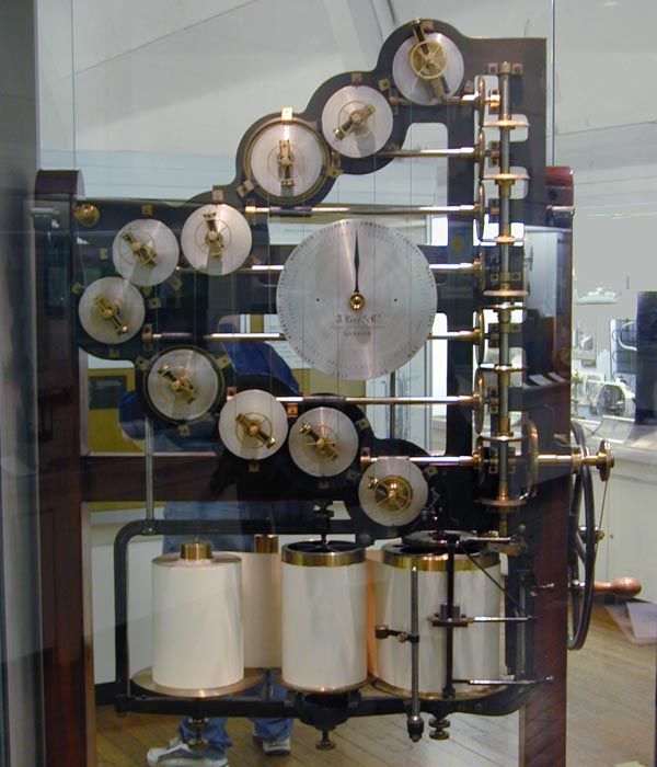 Thomson's tide predicting machine, an analog computer designed by Lord Kelvin to forecast tides using harmonic analysis