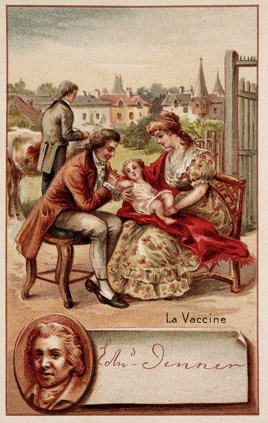 historical painting showing edward jenner vaccinating a young child held by its mother, with other figures watching the procedure