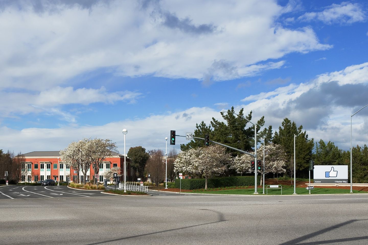 The Facebook headquarters entrance sign at 1 Hacker Way, Menlo Park