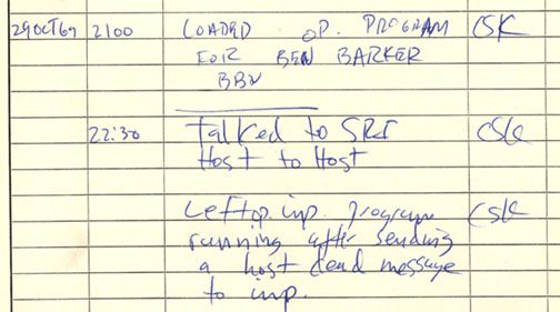 The UCLA IMP log book entry recording the first ARPANET message on October 29, 1969