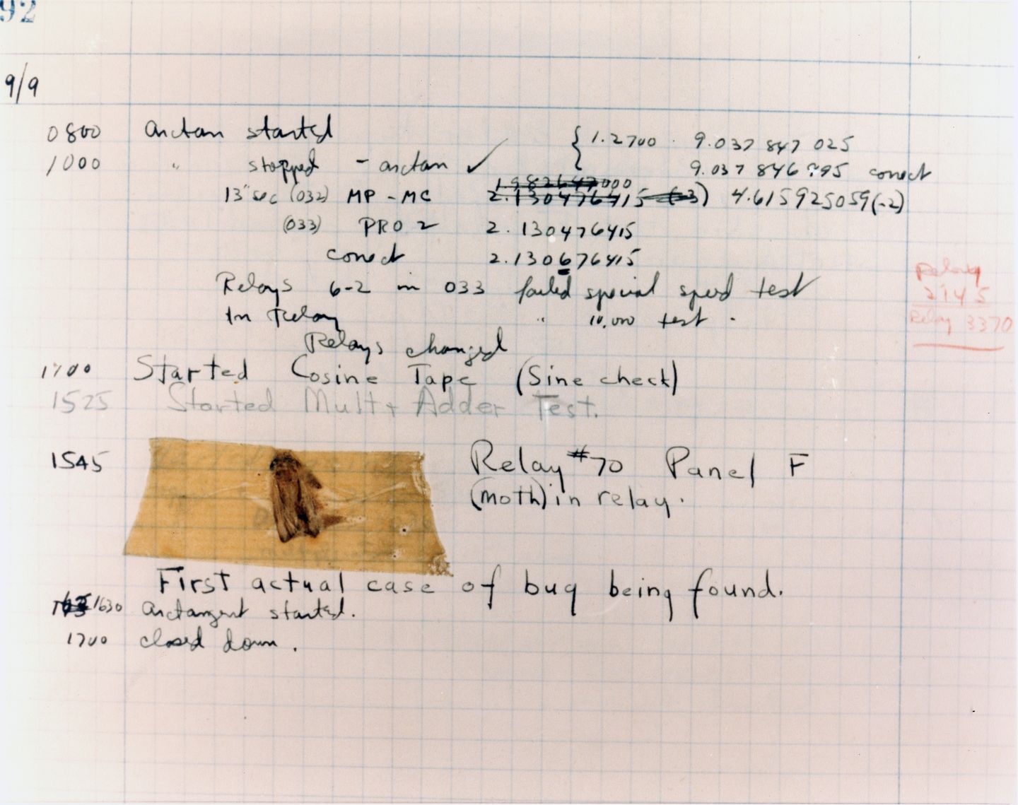 The first computer bug, a moth taped into the Harvard Mark II log book