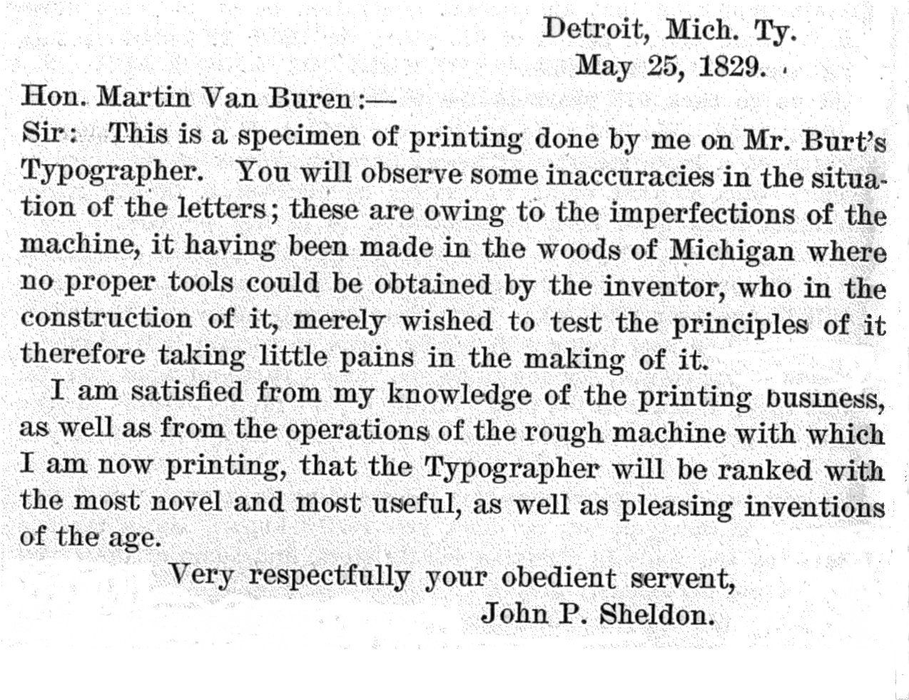 a letter written on william austin burt's typographer in 1829, showing early mechanically printed characters