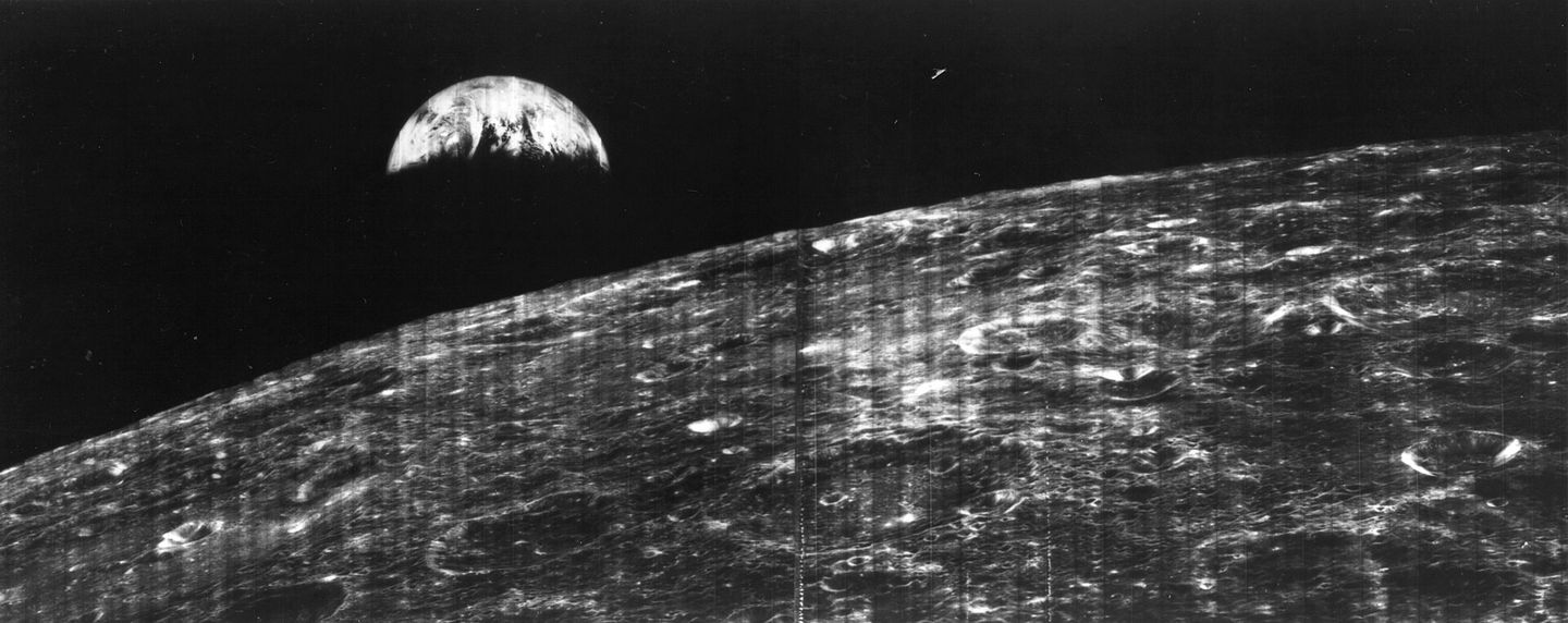The first photograph of Earth taken from the vicinity of the Moon by Lunar Orbiter 1 on August 23, 1966