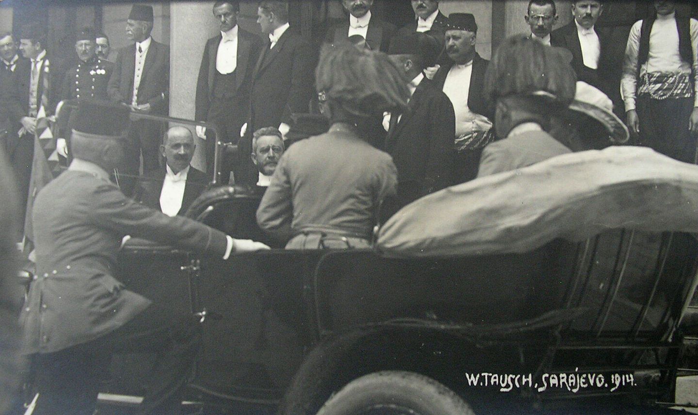 Archduke Franz Ferdinand and his wife Sophie leaving the Sarajevo town hall in their open car shortly before the assassination