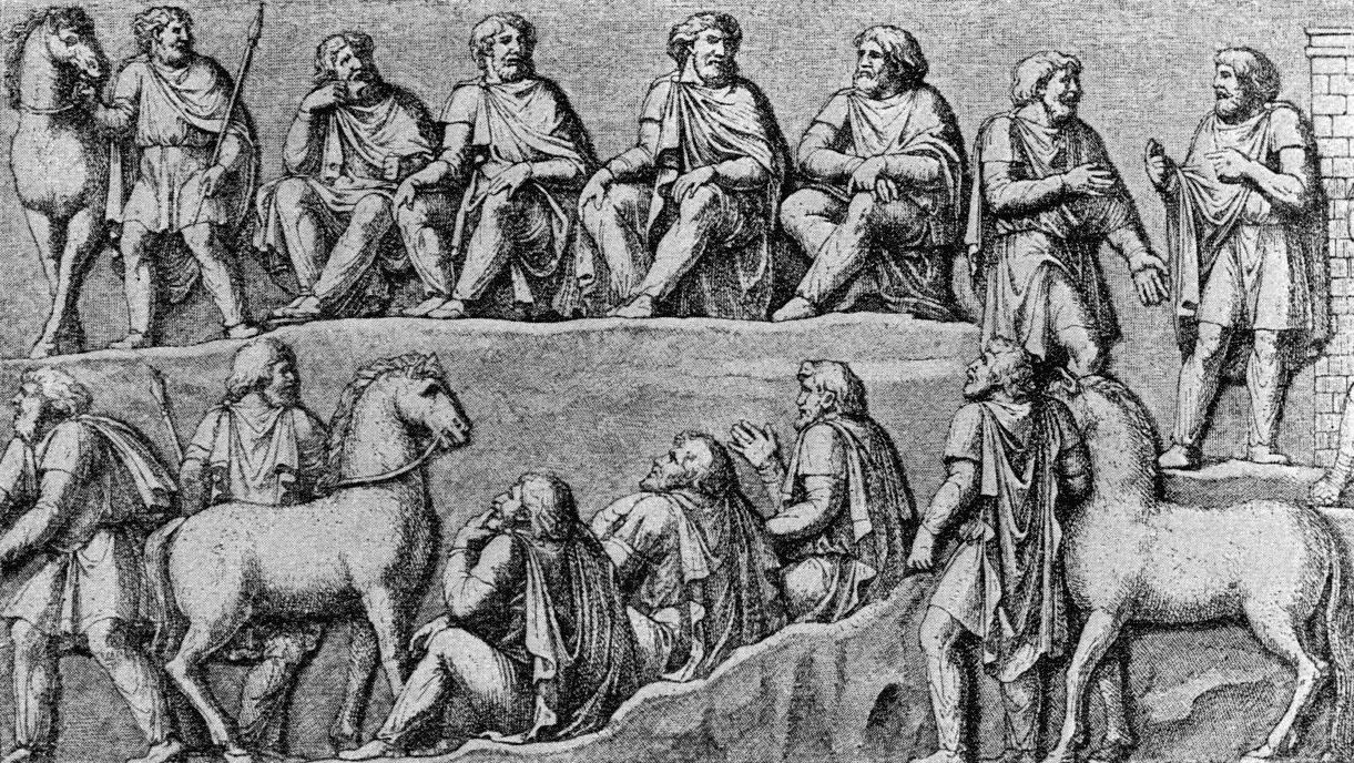 relief from the column of marcus aurelius showing a germanic council assembly during the marcomannic wars